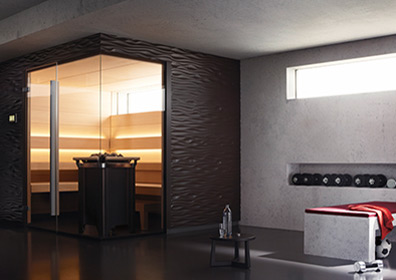 Moderní prosklená kvalitní sauna Klafs s kamny s rychlým nahřátím