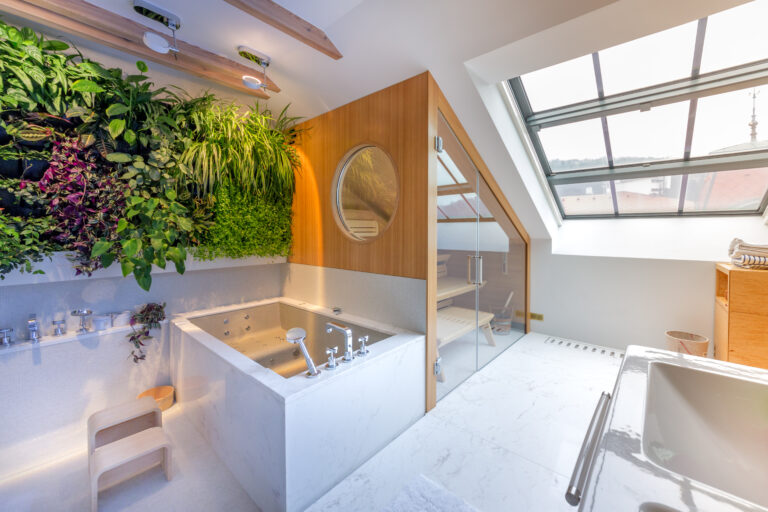Dizajnová sauna so skoseným stropom